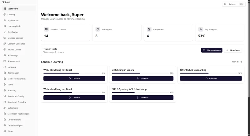 Scilora — Dashboard der Lernplattform