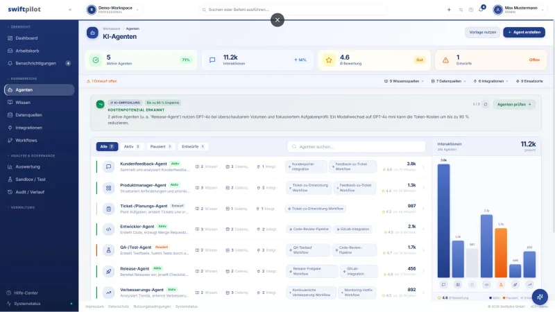 Swiftpilot — Verwaltung der konfigurierten KI-Agenten